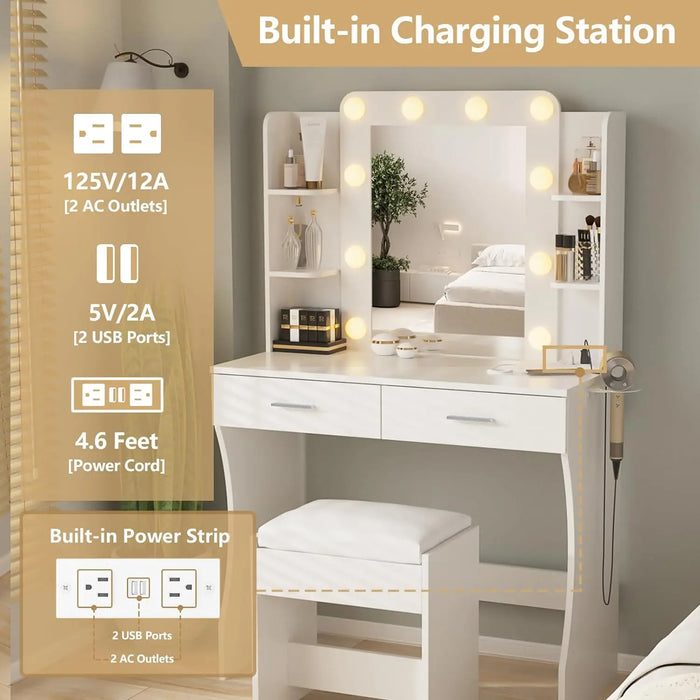 Vanity Desk with Lights,Makeup Vanity with Power Strip,Dressing Table Set with 2 Large Drawers,Vanity Mirror 3 Lighting Color Ad