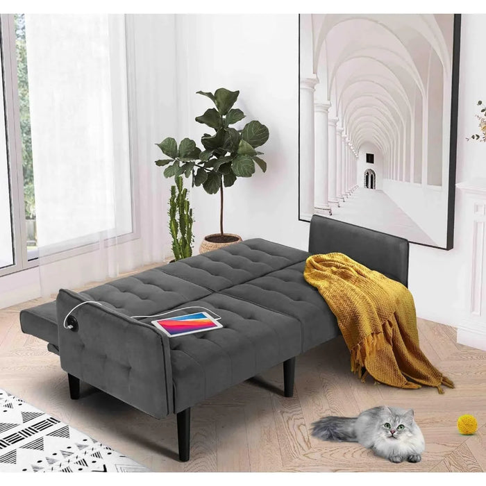 Sofa Bed with 2 USB, Tufted Foldable for Tight Small Spaces, Modern Fabric Linen Upholstered Foldable Futon Sofa Bed