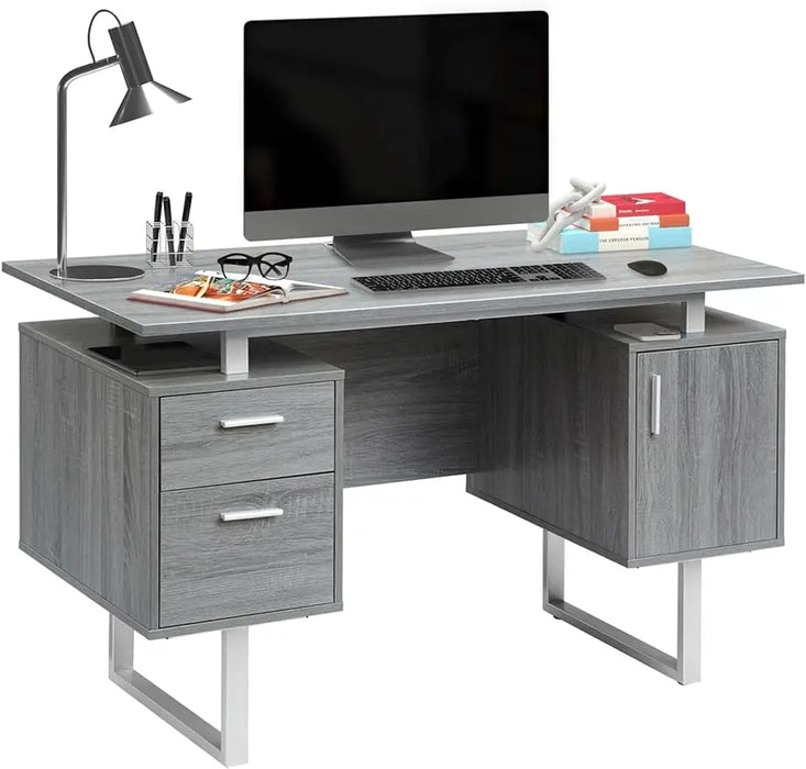 Modern Office Desk with Storage, Wide Home Office Computer Desk with Storage Cabinet and Hanging File Cabinet, Gray