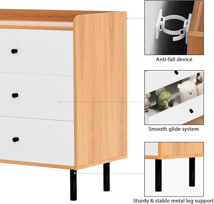 Dresser for Bedroom with 6 Drawers, Modern Wood 6 Drawer Dresser with Black Knobs, Chest of Drawers for Nursery, Living Room