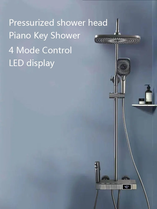 Grey Piano Key Shower Set Bathroom High Pressure Rainfall Brass Shower System Digital Bathtub Faucet Full Kit Temperature Shower