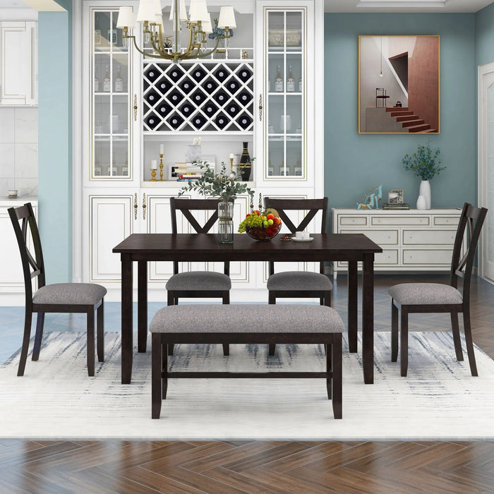 6-Piece Kitchen Dining Table Set Wooden Rectangular Dining Table, 4 Fabric Chairs and Bench Family Furniture