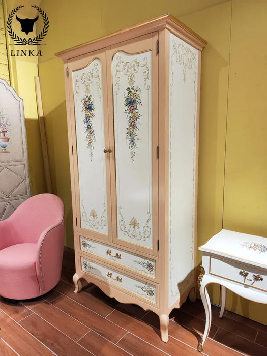Luxury French art hand-painted all solid wood double door wardrobe exquisite hand pasted gold foil bedroom lockers