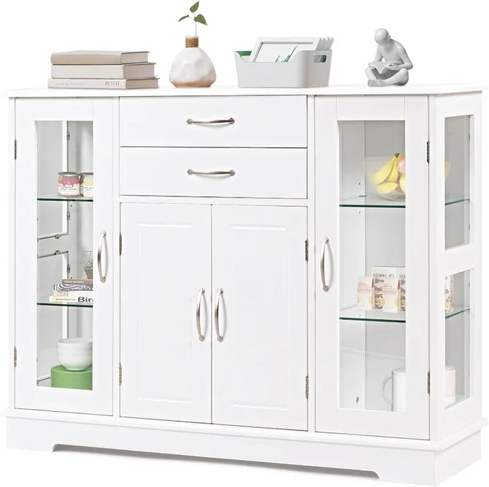 Sideboard Buffet Server Storage Cabinet W/ 2 Drawers, 3 Cabinets and Glass Doors for Kitchen Dining Room Furniture Cupboard