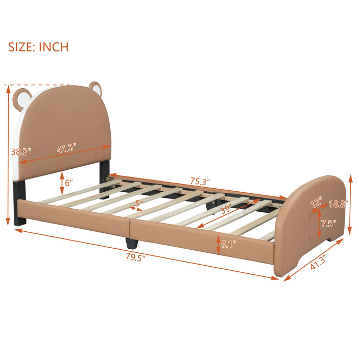 [Flash Sale]Twin Size Upholstered Platform Bed with Bear-Shaped Headboard&Footboard White/Brown PU Bed Frame[US-W]