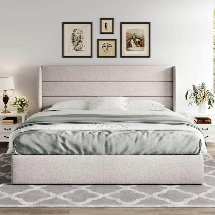 Bed frame large lift storage bed, no springs required, easy assembly, hydraulic storage, modern wing back headboard