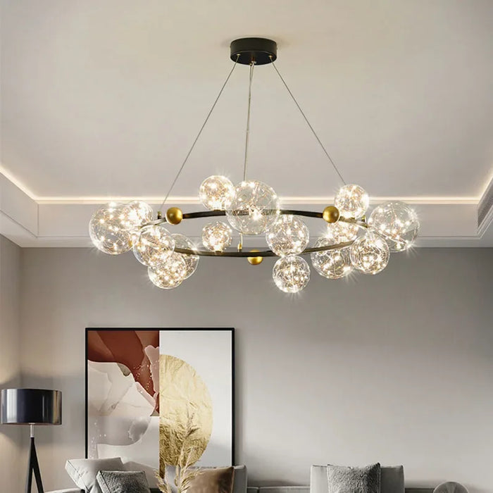 Nordic Led Glass Ball Chandelier with Remote Control Long Ring Golden Living Dining Room Pendant Home Decoration Indoor Lighting