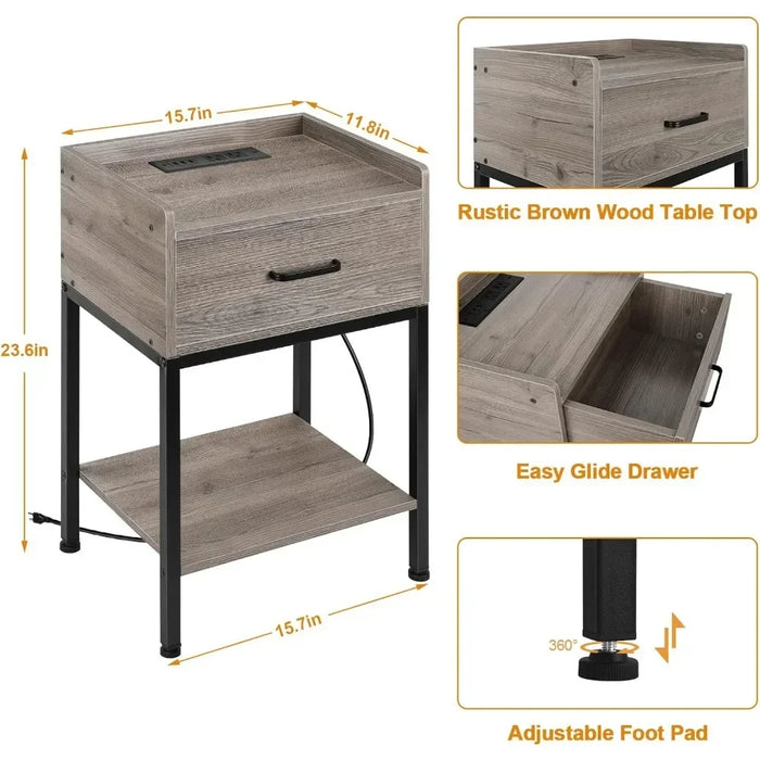 Nightstand with Charging Station 2-Tier, Side Tables Bedroom with Drawer Small, Bedside Table with USB Ports and Outlets
