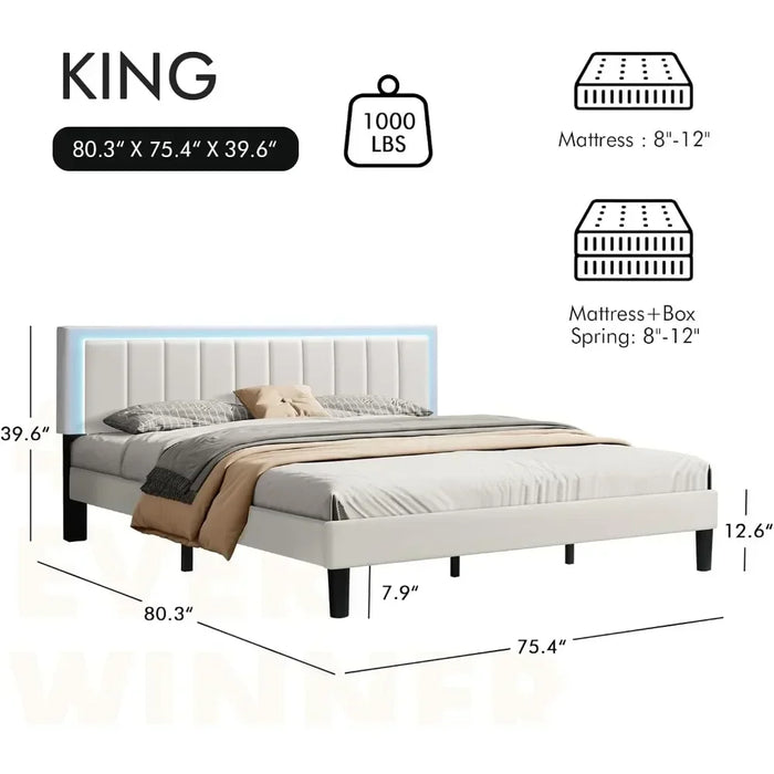 Bedroom bed frame, adjustable headboard and footrests, heavy-duty plank support, king-size upholstered leatherette bed