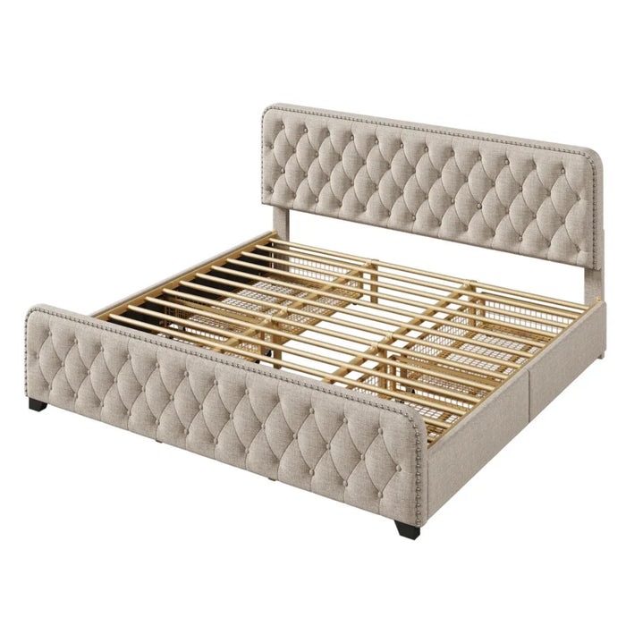 Platform Bed Frame with Four Drawers, Button Tufted Headboard and Footboard Sturdy Wood Slat Support, KING