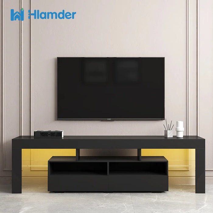 TV Stand Cabinet with 2 Drawers 2 open shelves,20-colors RGB LED lights with remote For Living Room Bed Room Furniture