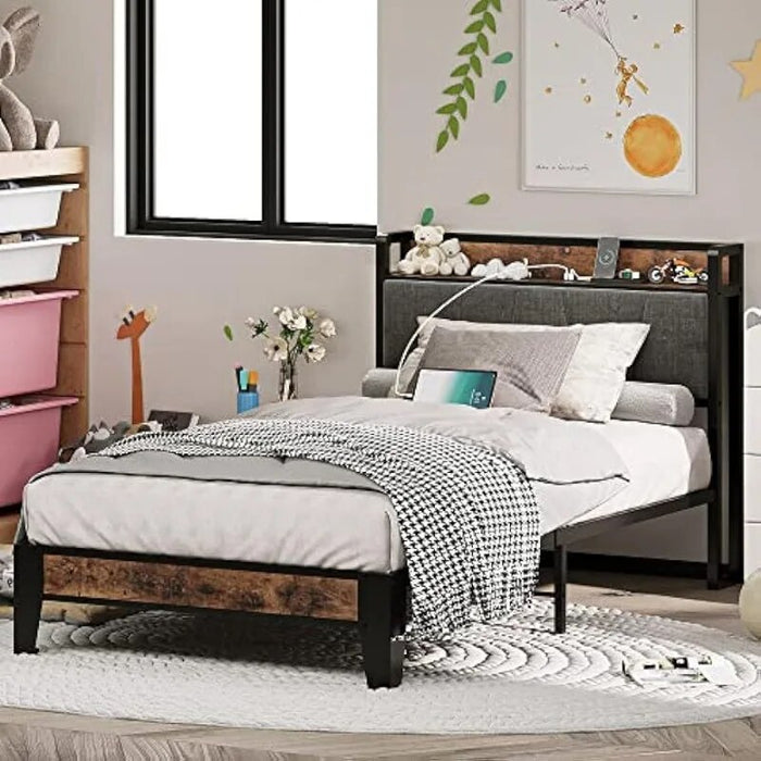 Twin Bed Frames, Storage Headboard with Charging Station, Solid and Stable, Noise Free, No Box Spring Needed, Easy Assembly