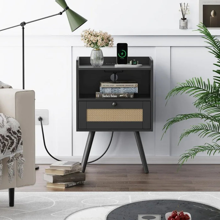 SUPERJARE Nightstands with Charging Station,Bedside Table Set of 2 with PE Rattan Drawers,Rattan Side Table with Storage & Solid