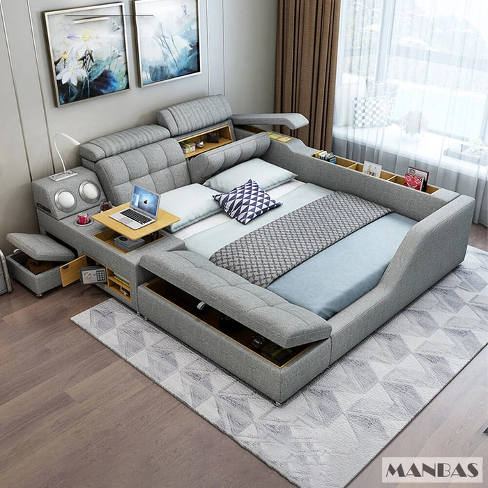 Linlamlim Tech Smart Bed 2 People - King Size Multifunctional Ultimate Bed Frame Queen with Genuine Leather,Bluetooth Speaker
