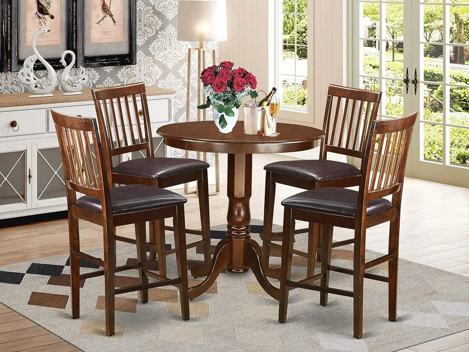 5 Piece Kitchen Counter Set for Small Spaces Contains a Round Table with Pedestal and 2 Linen Fabric Dining Room Chairs,Mahogany