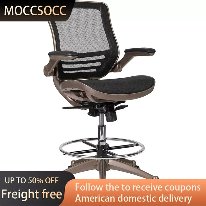 Mid-Back Transparent Black Mesh Drafting Chair With Melrose Gold Frame and Flip-Up Arms Freight Free Office Furniture Desk