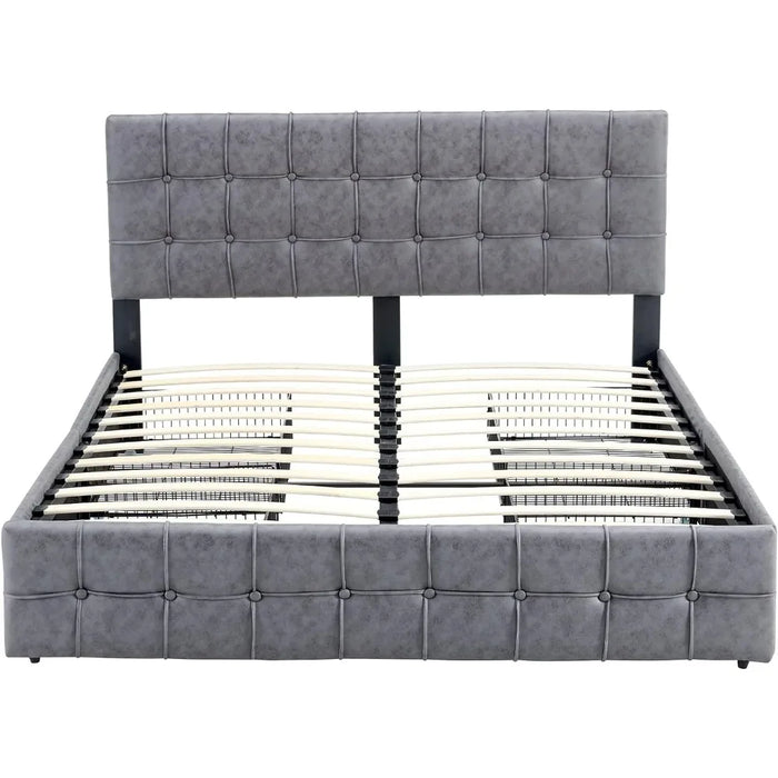 Upholstered Bed Frame Full Size with 4 Storage Drawers and Button Tufted Headboard, Comfort Adjustable Mattress Height, Grey