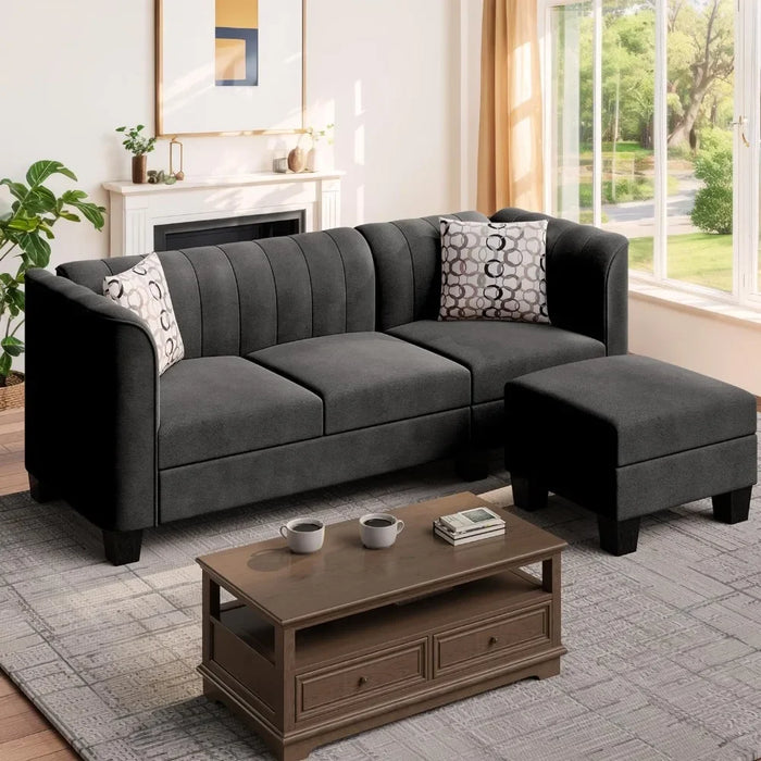 3 Seat L Shaped Sofa With High Armrest Linen Fabric Small Couch Mid Century for Living Room Apartment and Office Sofas Furniture