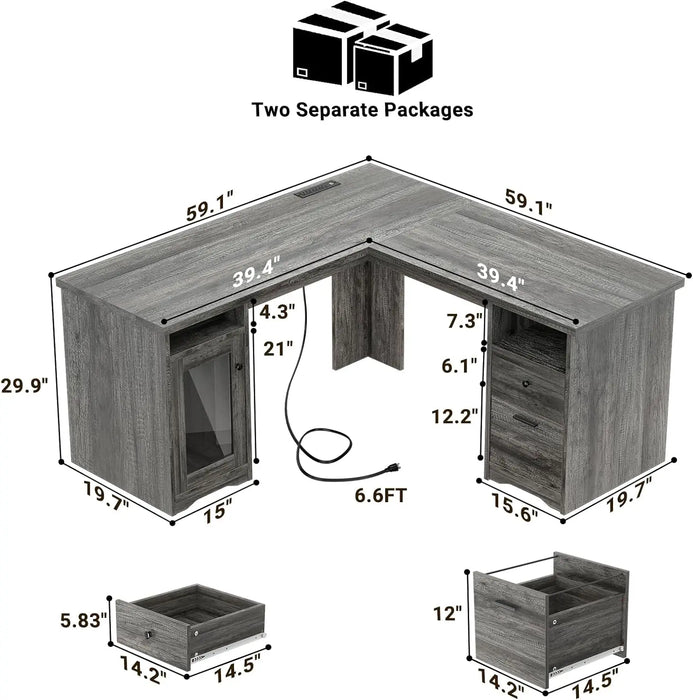 L Shaped Desk with Drawers, 60 Inch Corner Computer Desks with USB Charging Port and Power Outlet