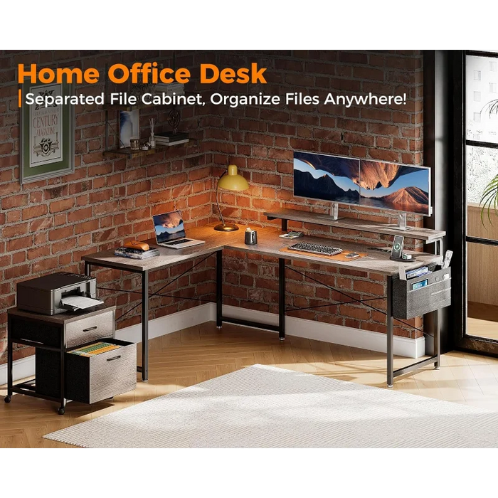 AODK L Shaped Computer Desk, 55" Office Desk with File Cabinet, Power Outlet and Adjustable Monitor Stand, Executive Home Office