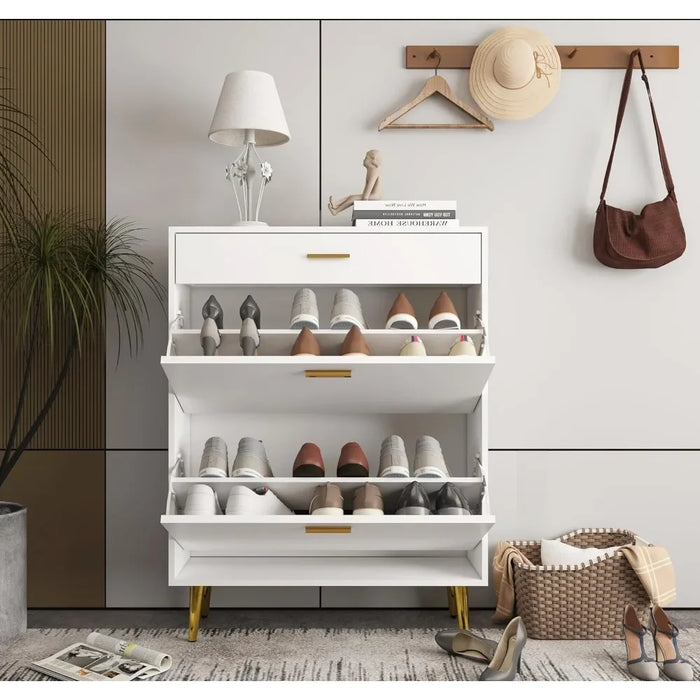 Shoe cabinet freestanding shoe rack organizer with 2 flip-out drawers and top drawer cabinet, living room furniture cabinet