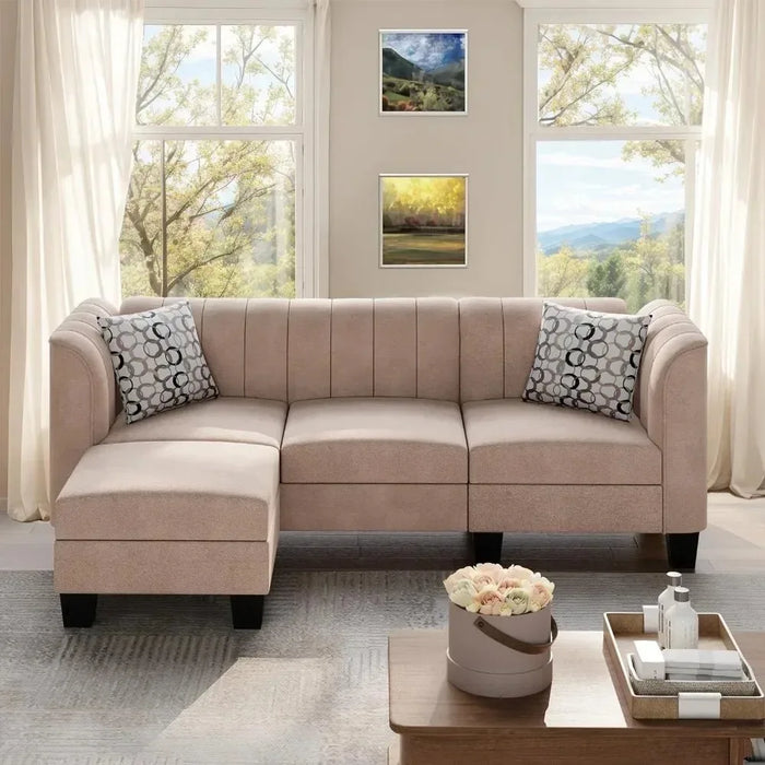 Living room sofa L-shaped convertible modular sofa bed puff furniture with high armrestfabric comfort home furniture, beige