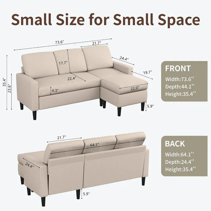 Sectional L Shaped Sofa Couch,Small 3 Seater Sofa with Breathable Fabric,Convertible Sofa with Reversible Chaise for Living Room