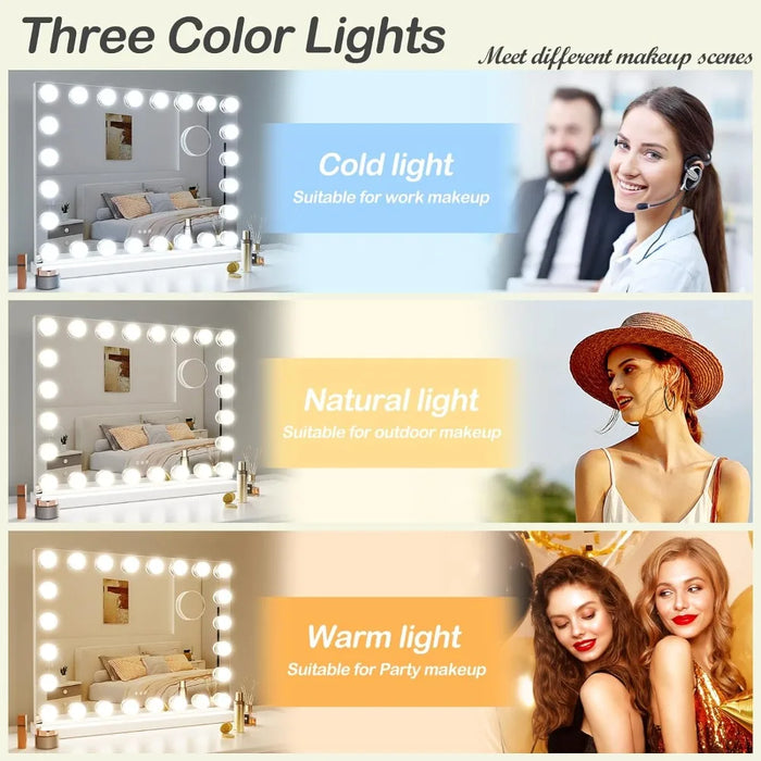 24 Extra Light Bulb Vanity Mirror With Light 32WX24L Desktop Holly Cosmetic Mirror USB + Type-C Charging 3 Color Modes Bathroom