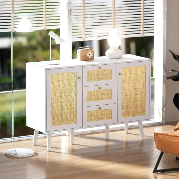 White Buffet Cabinet Living Room Rattan Door Sideboard Kitchen Cabinet With Drawers and Shelves Cabinets Locker Display