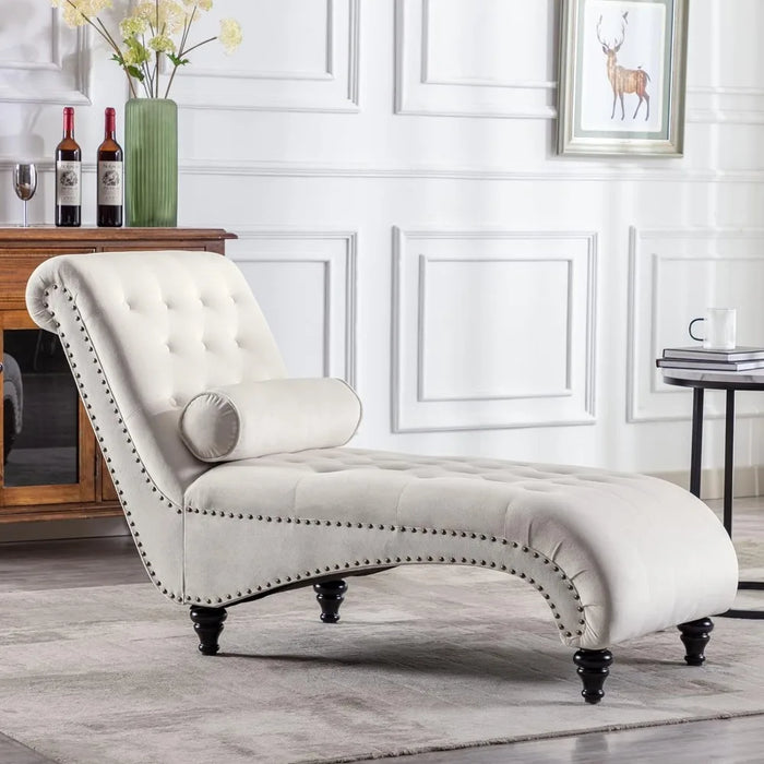 Velvet Button-Tufted Chaise Lounge Chair Leisure Sofa for Indoor Living Room with Bolster Pillow, Nailhead Trim and Turned Legs