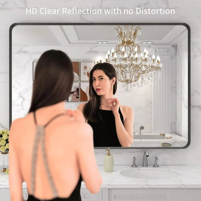 Shower mirror 48X32 Inch Black Metal Framed Bathroom Mirror for Wall, Large Rounded Rectangle Mirror, Anti-Rust, Tempered Glass,