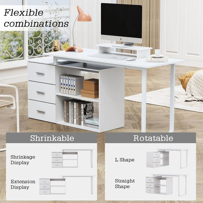 Anbuy L-Shaped Desk with Monitor Stand, Large Corner Computer Office Desk with Reversible 3 Drawers File Cabinet and Shelves