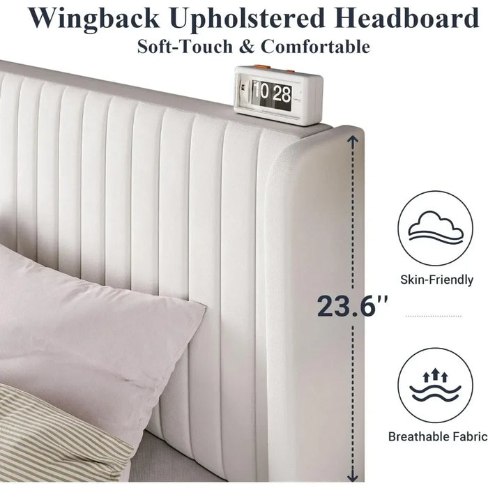 Bed FrameVelvet Bed Frame Vertical Groove Tufted Wing Back Headboard Padded Platform Bed No Springs Required Sturdy Wooden Slats