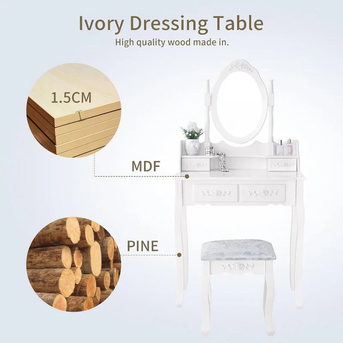Table Set with 4 Drawer,Bedroom Furniture Set Oval Mirror White