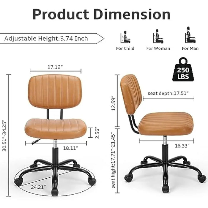 Brown Office Chair Armless Home Office Desk Chair With PU Leather Low Back Lumbar Support and Wheels Free Shipping Chairs Swivel