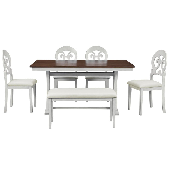 Mid-Century 6-Piece Trestle Table Set with Victorian Round Upholstered Dining Chairs and Long Bench