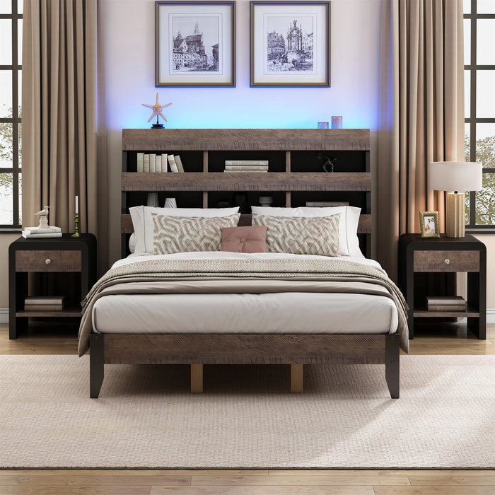 Bedroom Sets Mid Century Modern Style Queen Bed Frame with Bookshelf&LED Lights&USB Port Walnut Black[US-W]
