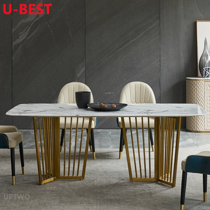 U-BEST European Style White Marble Stone Top Design Dining Table Modern Minimalist Rectangular Glossy Table Golden Furniture