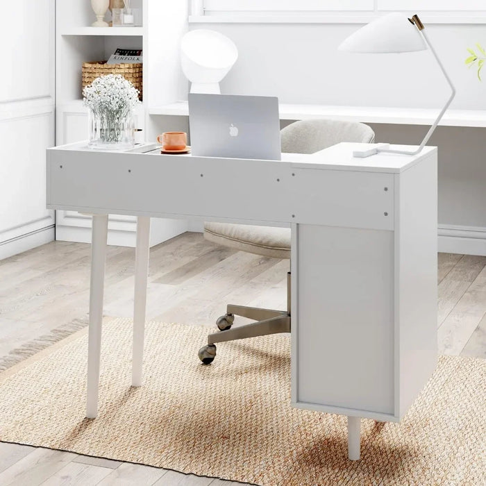 Dresser or vanity table with 4 drawers and brass-trimmed knobs, white wood