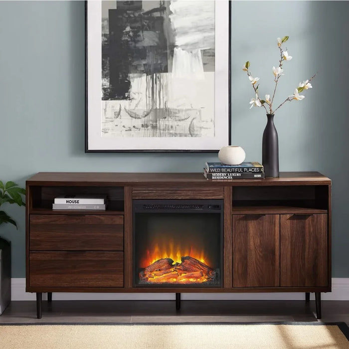 Wood Fireplace TV Stand with Cabinet Doors and Drawers for TV's up to 65" Flat Screen Universal TV Console, 60 Inch, Dark Walnut