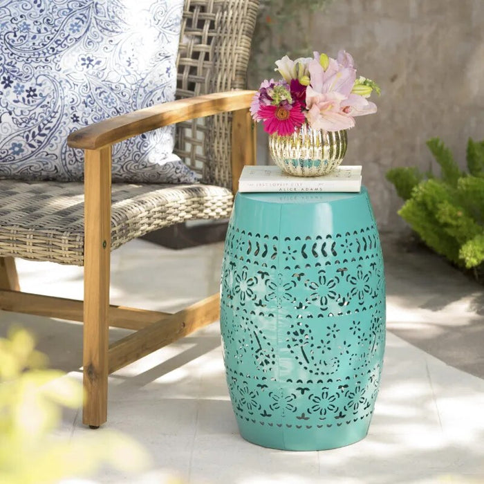 Belle Outdoor 12" Lace Cut Iron Side Table, Teal center table living room  side table  living room furniture