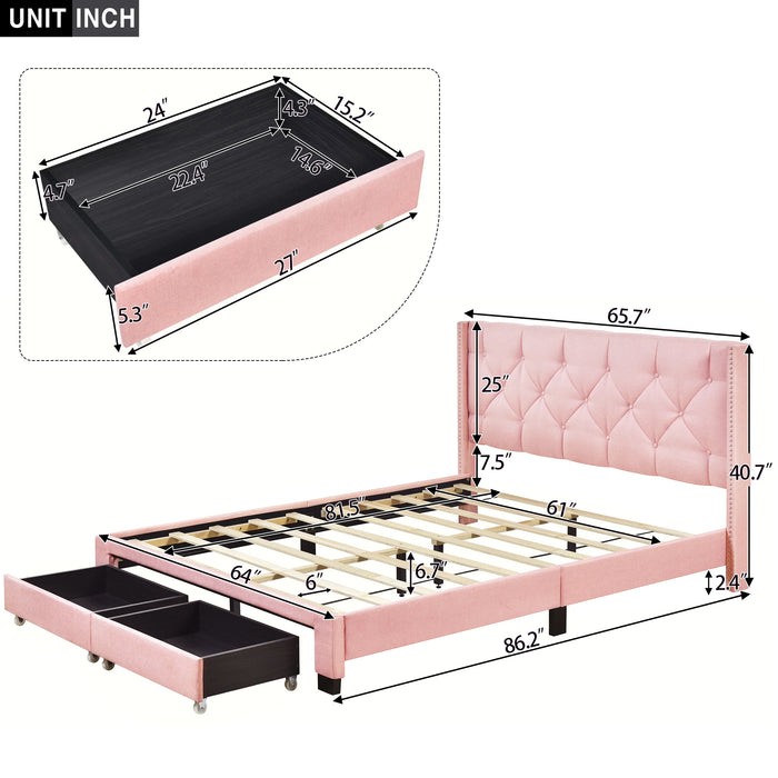 Queen Size Storage Bed Linen Upholstered Platform Bed with Two Drawers