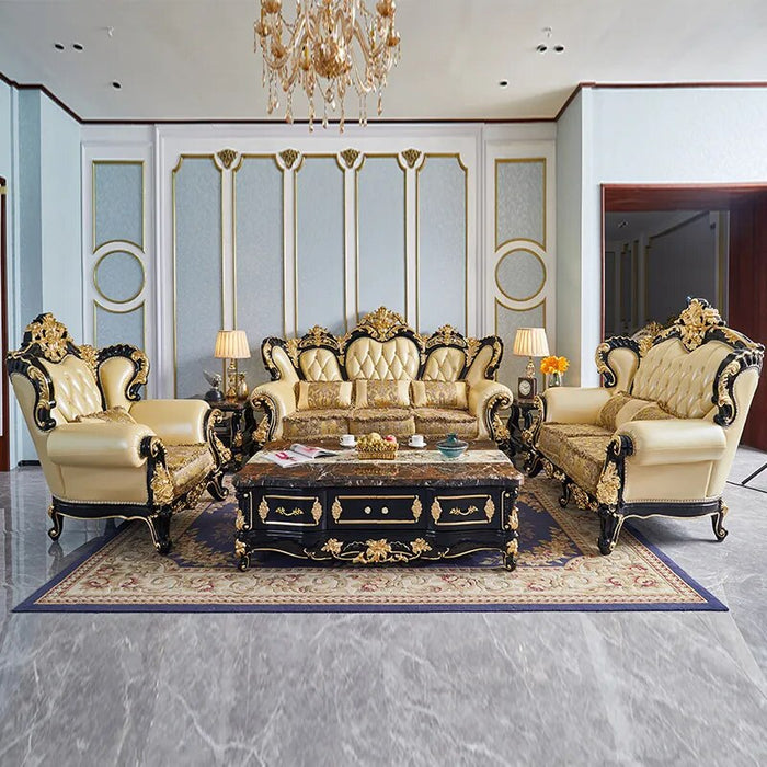European style leather sofa combination living room large solid wood carved top layer cowhide furniture set