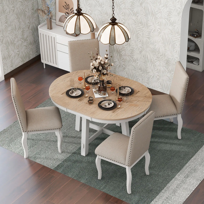 5-Piece Farmhouse Dining Table Set Wood Round Extendable Dining Table and 4 Upholstered Dining Chairs,Natural Wood/Antique White