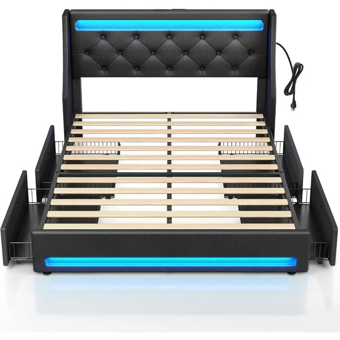 Bedroom bed frame with LED lights and charging station, easy-to-assemble upholstered with drawers, bedroom bed frame