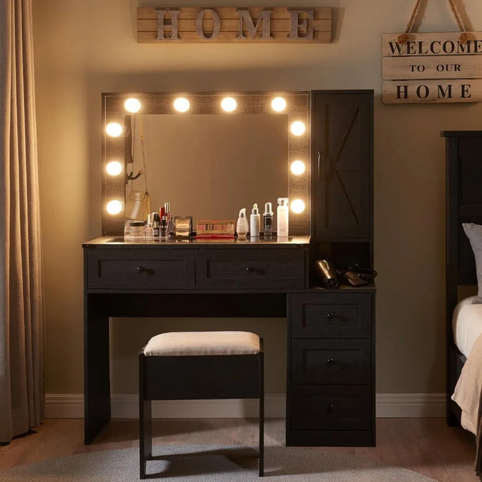 Dressing Table with Charging Station with Mirror and Drawer for Makeup, Dressing Stool in Bedroom, Dressing Table
