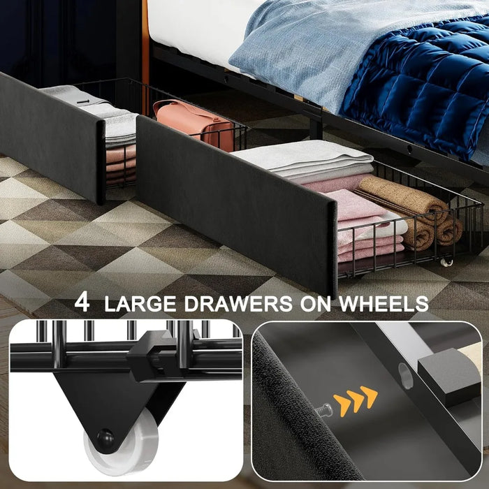 Modern Upholstered Bed ,with 4 Drawers, Upholstered Storage Headboard with Charging Station, Queen Bed Frame