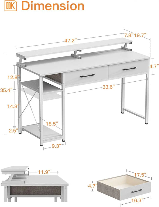 ODK Computer Desk with Drawers, 48 Inch Office Desk with Storage & Shelves, Work Writing Desk with Monitor Stand Shelf, White Ho