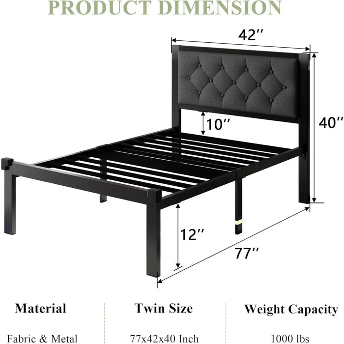 Sofa Bed Base and Frame Twin Size Metal Bed Frame With Linen Upholstered Headboard Mattresses Steel Slats Support Gray Daybed