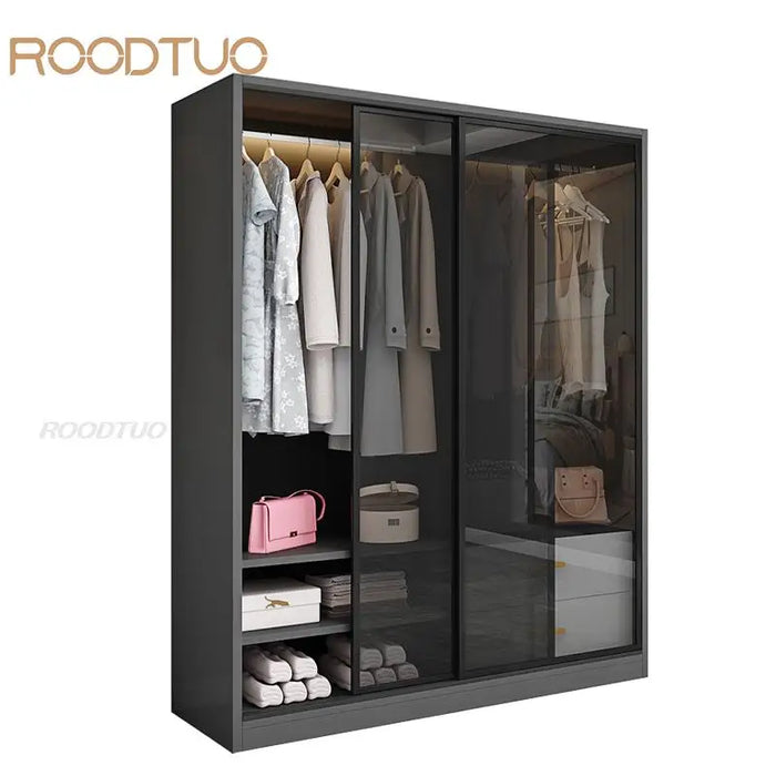 Luxury Wood Closets Italian Clothes Cabinet With LED Light And Storage Drawers Transparent Glass Sliding Door Bedroom Wardrobes